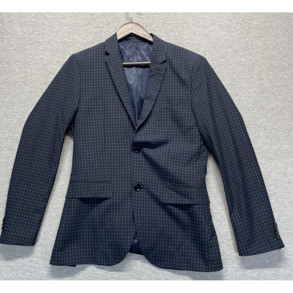H&M Slim Fit Blazer Jacket Mens 36R Navy Blue Grid Wool Single Breasted Formal